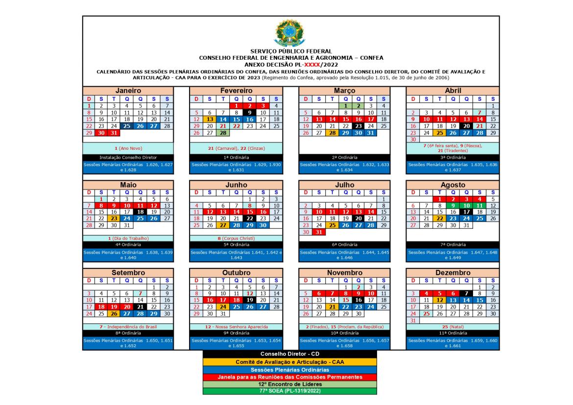 Calendário de atividades do Confea em 2023